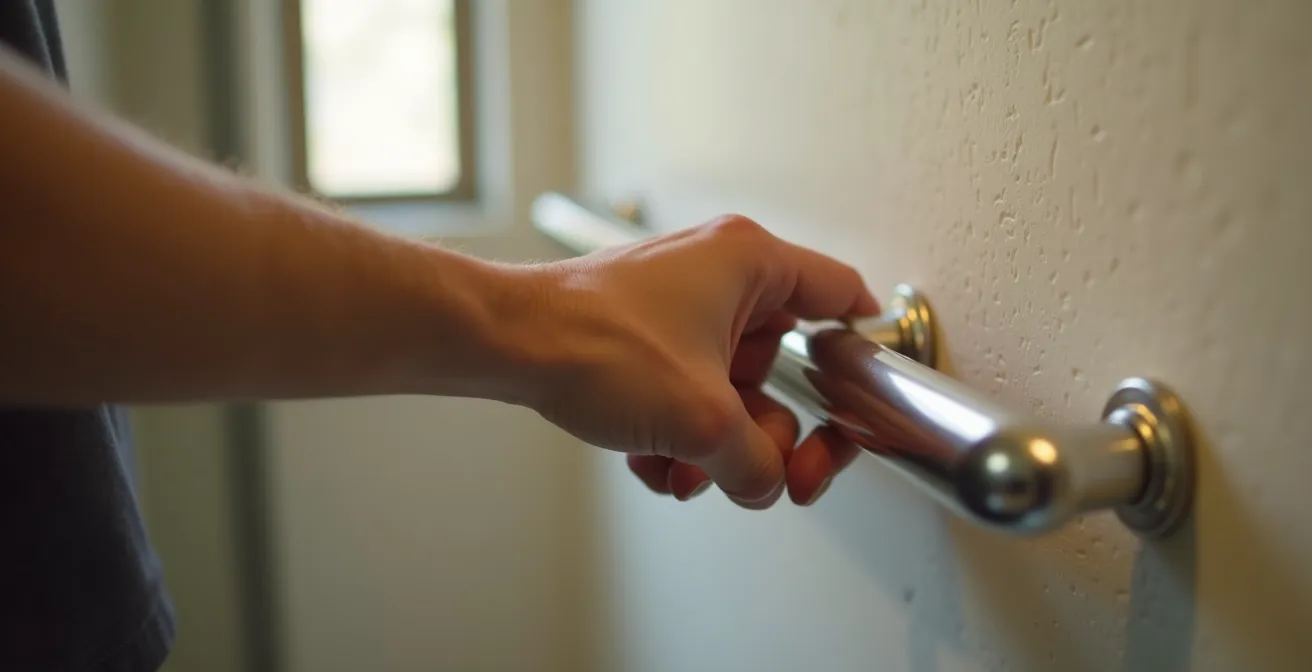 Professional documentation of proper grab bar mounting in a heritage building washroom