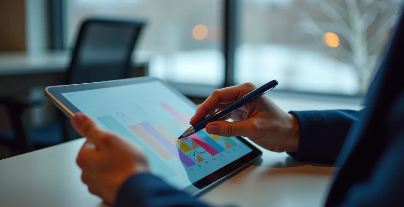 Close-up of hands configuring cloud-based access control system on tablet