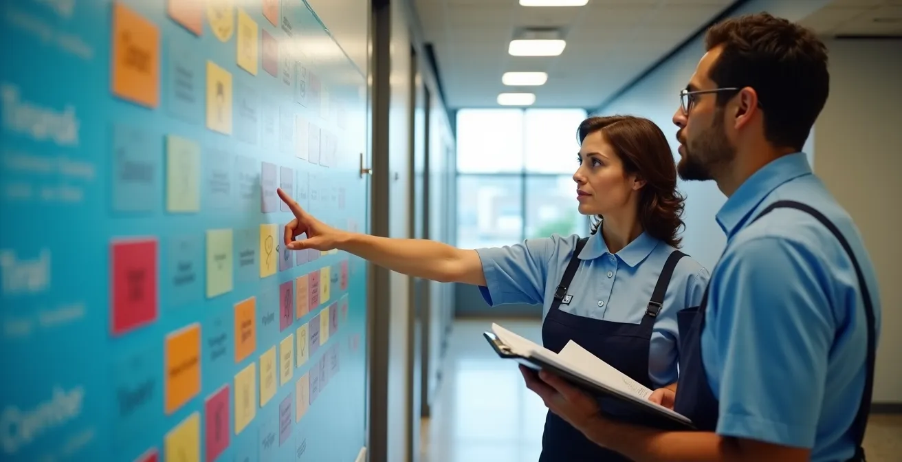 Cleaning staff reviewing a visual schedule board with color-coded zones and pictograms in a Montreal office.