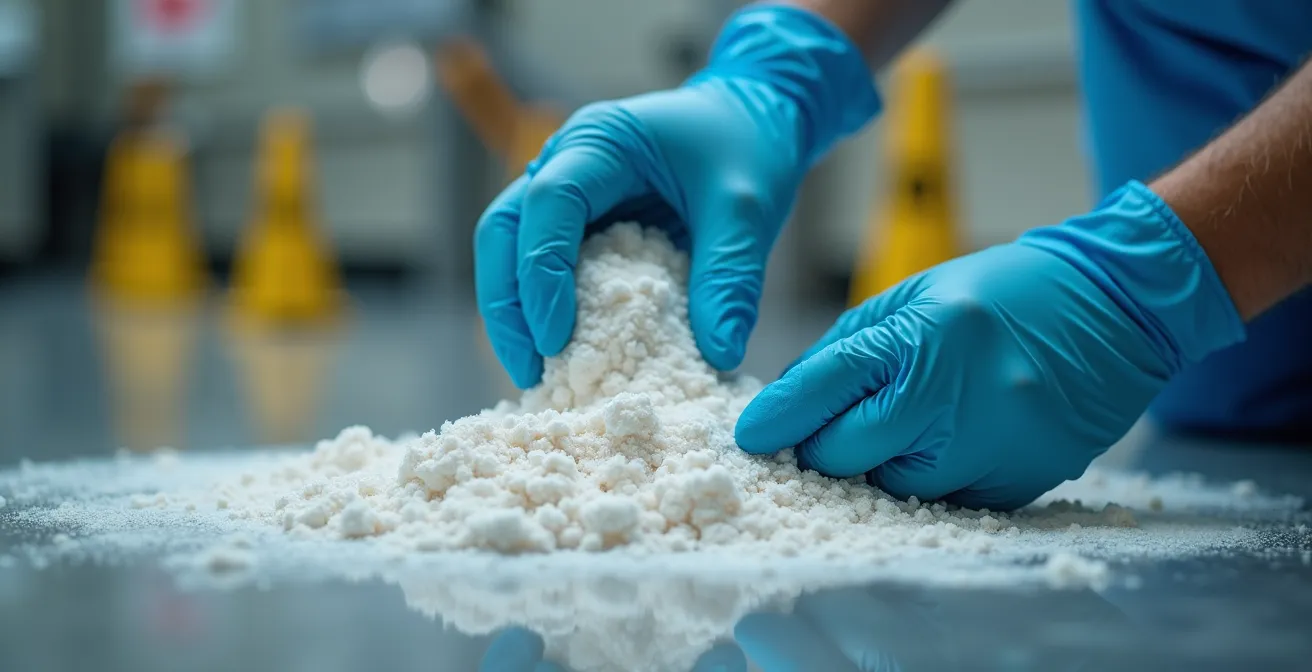 Laboratory technician demonstrating proper inward-to-center spill cleanup technique