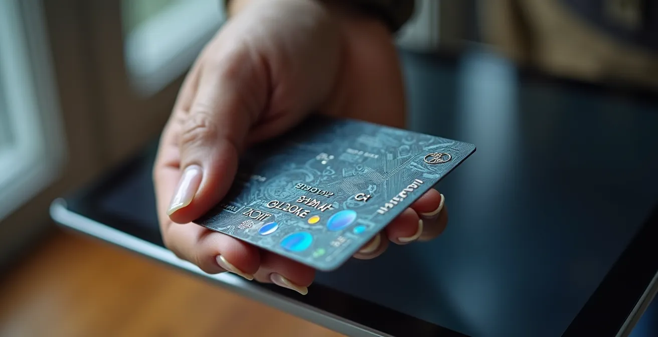 Close-up of hands holding a BSP security license card next to a tablet displaying verification screen