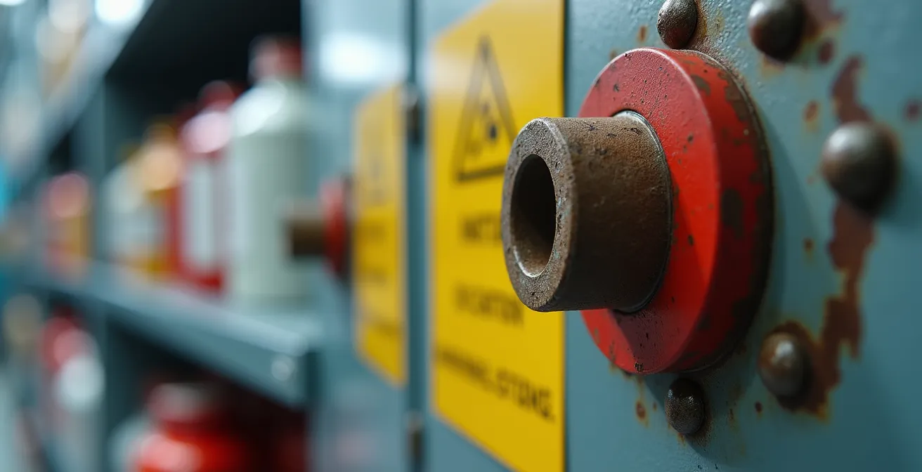 Color-coded hazardous waste storage cabinets showing proper segregation in industrial setting