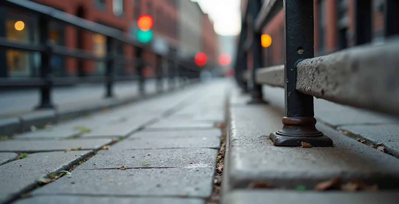 Detailed view of a space-saving wheelchair ramp integrated into historic Montreal architecture