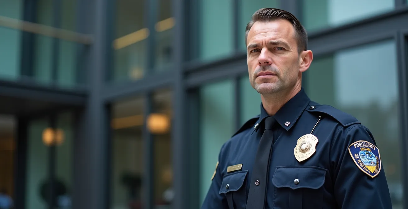 Security guard in BSP-compliant uniform showing proper insignia placement without police identifiers
