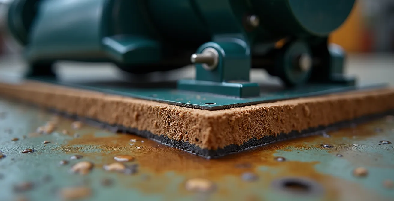 Close-up macro view of industrial compressor mounted on vibration isolation pads showing texture and material detail