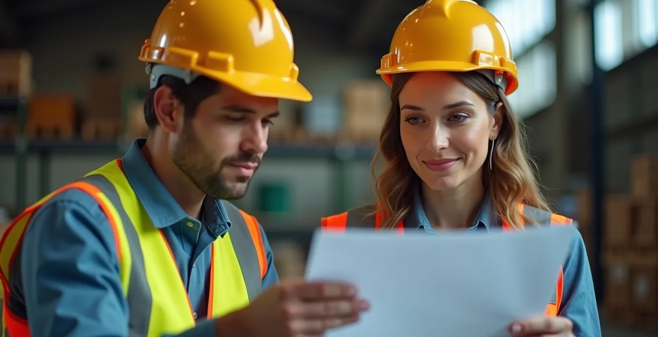 Professional reviewing and documenting corrective actions with safety equipment in background
