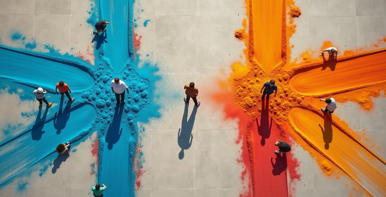 Aerial view of proper crowd flow management at outdoor event exits showing dispersal zones and barrier placement