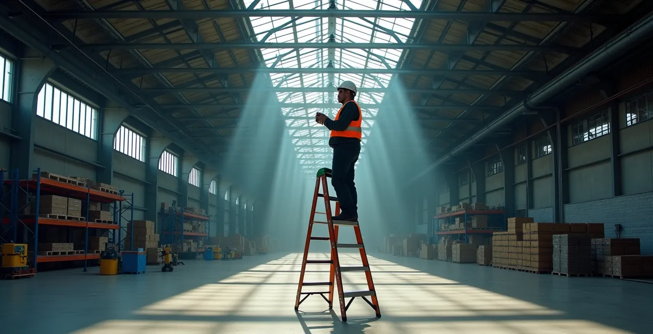 Technician installing dual-tech sensor in Montreal warehouse with exposed ceiling