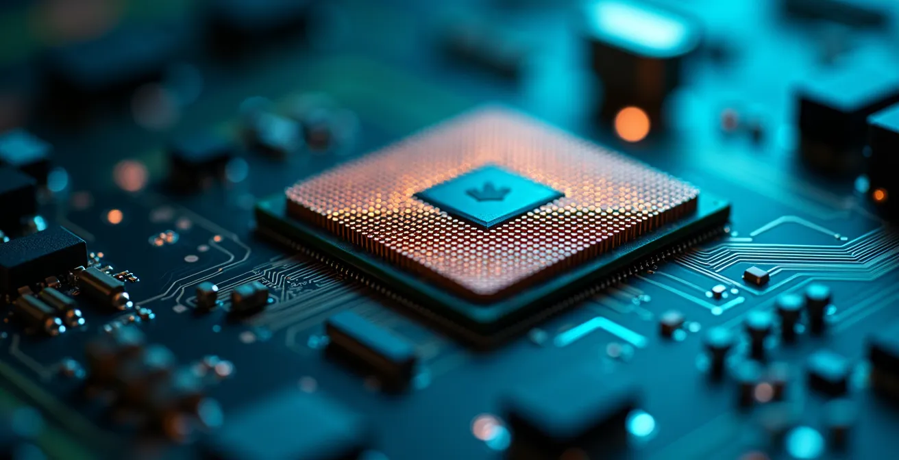 Macro view of an edge computing device's circuit board, with light traces indicating local processing of video data.