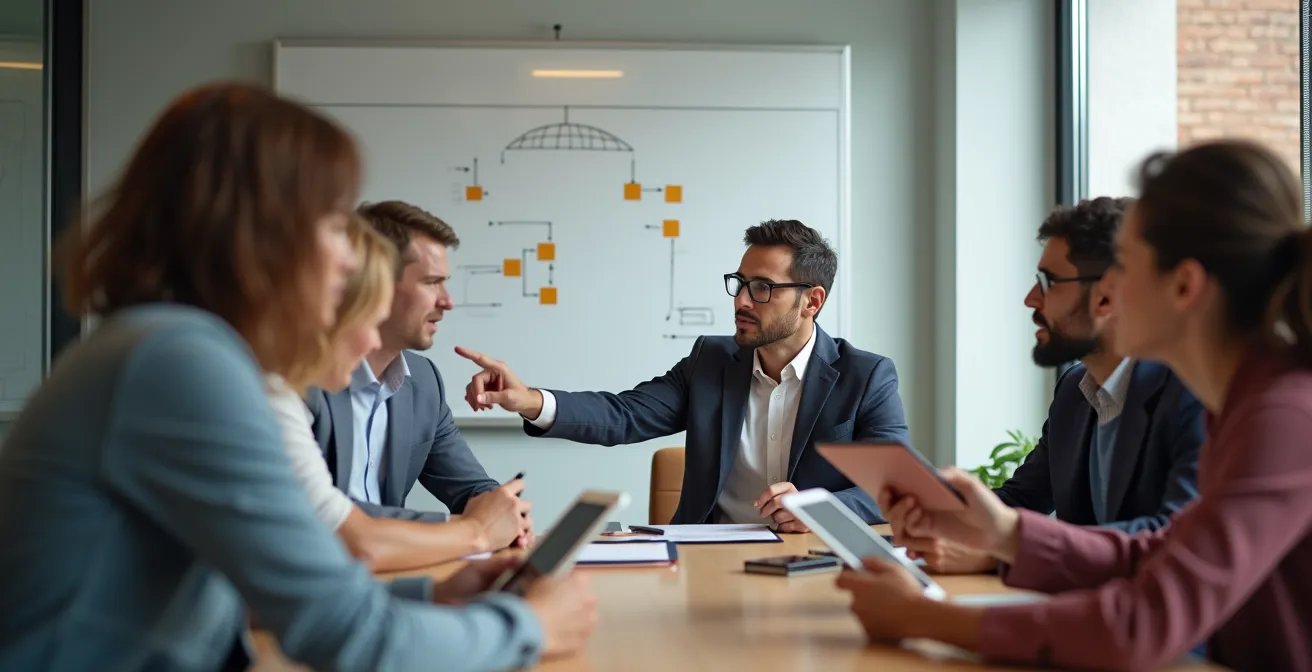 Diverse safety committee members actively engaged in a structured meeting discussion in a Montreal office.