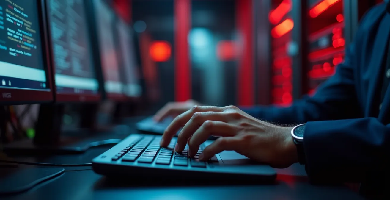 IT professional executing emergency response procedures on multiple control panels in a data center