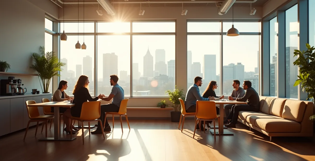 Wide-angle view of a modern office break room with natural lighting and no surveillance equipment