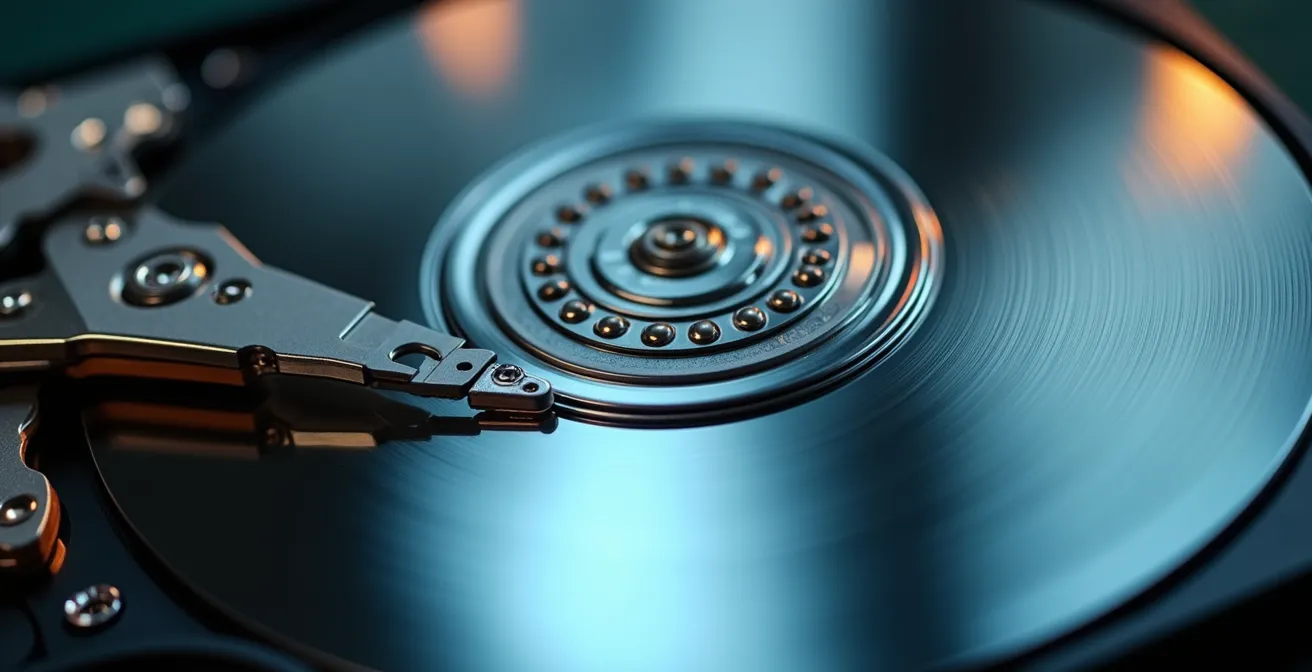 Macro view of server hard drive platters showing data compression patterns indicating potential breach