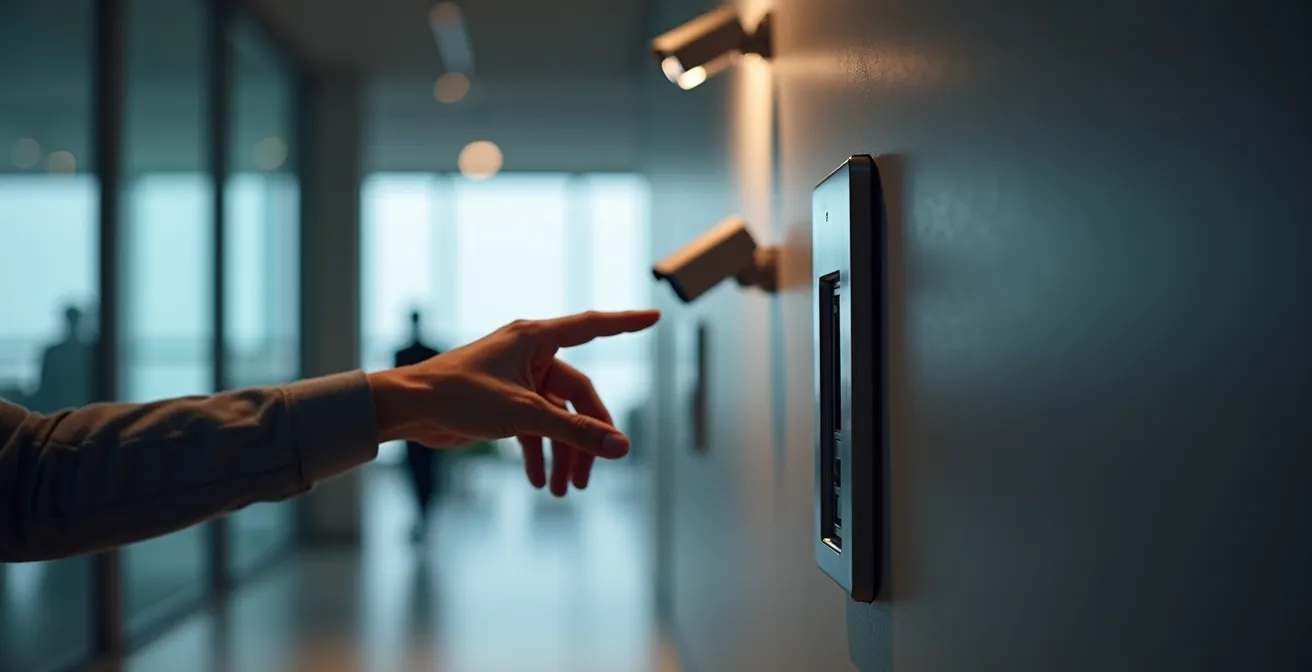 Split composition showing a fingerprint scanner on the left and a facial recognition camera on the right in a modern office lobby
