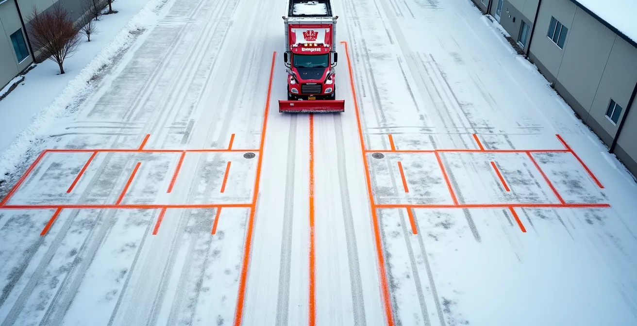Aerial view of properly marked fire lanes with high-visibility markers in Montreal parking lot during winter