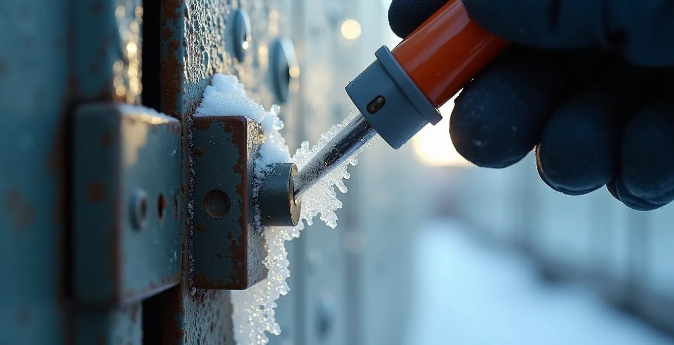 Extreme close-up of industrial door hinge with ice crystals and maintenance technician applying lubricant