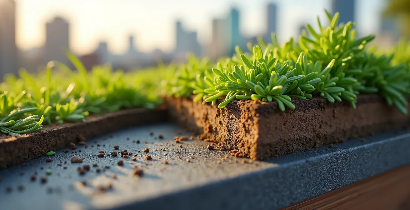 Close-up view of green roof installation layers showing drainage and waterproofing systems
