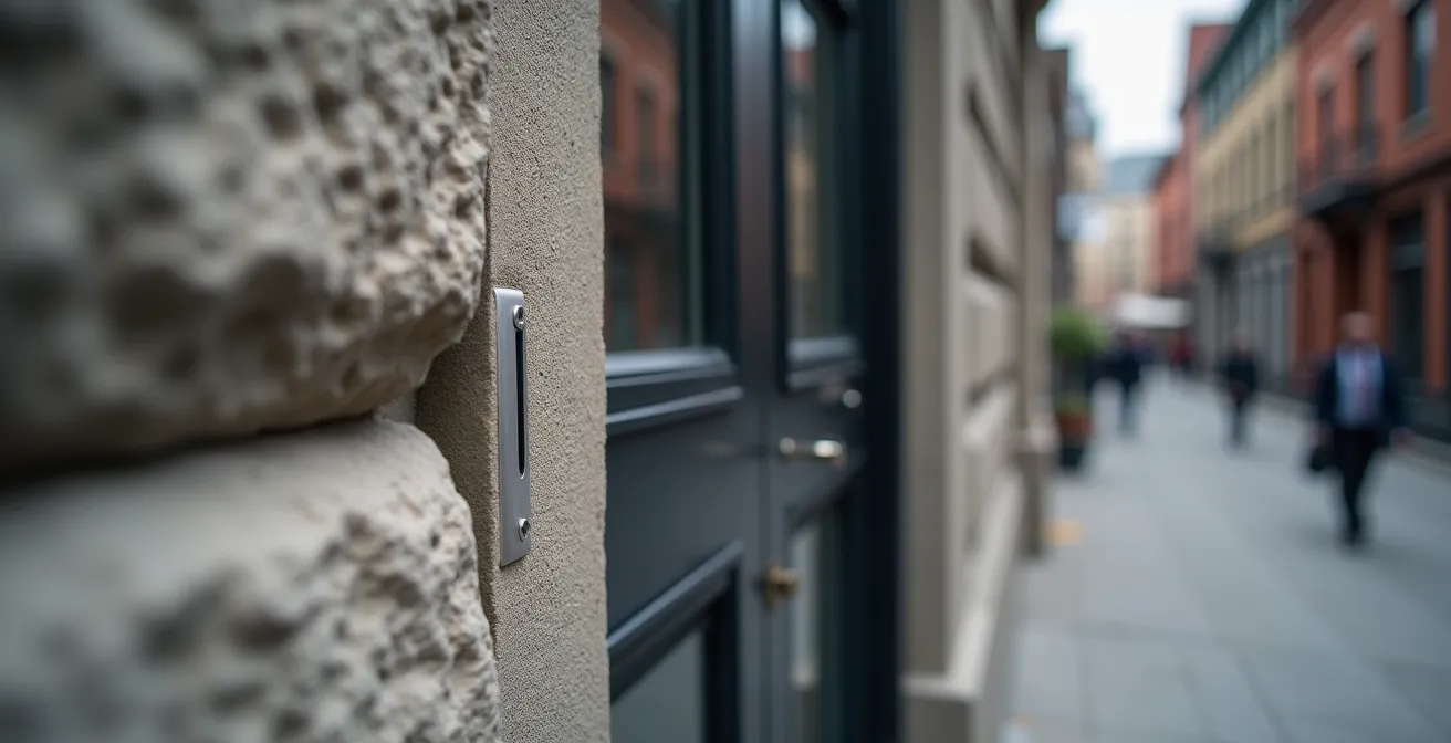Close-up of discreet security frame installation on historic stone building facade