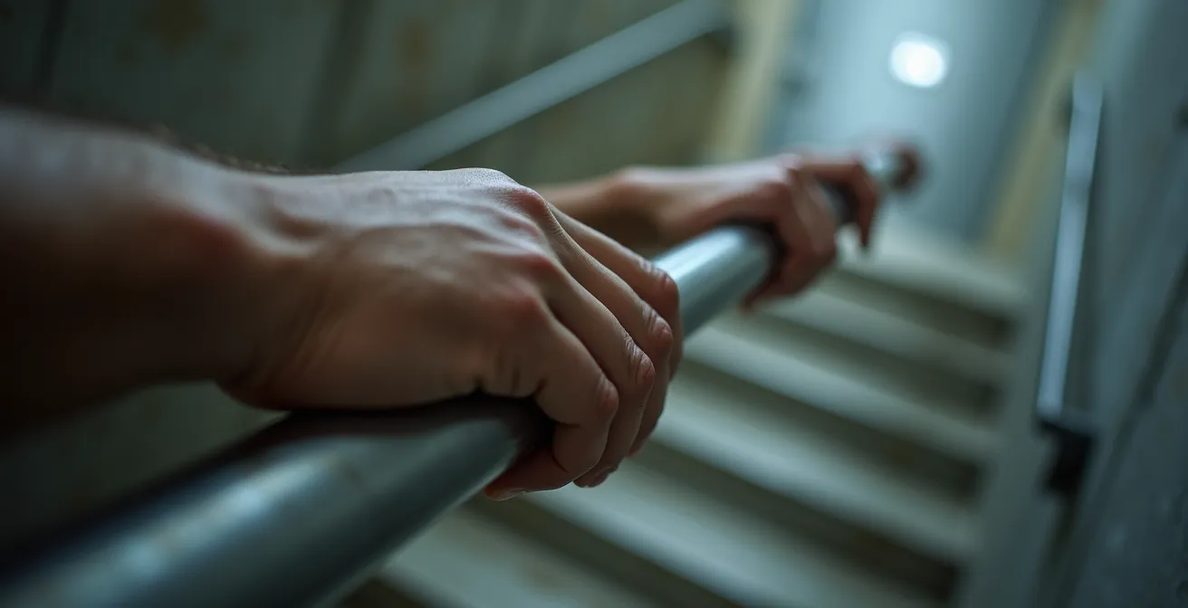 Emergency stairwell evacuation procedure in a Montreal high-rise building, showing hands gripping the handrail.