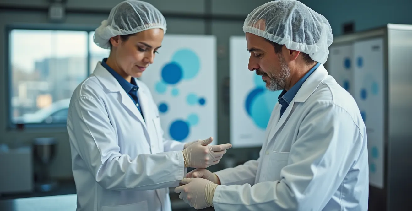 Experienced worker demonstrating proper hygiene gear procedures to new employee