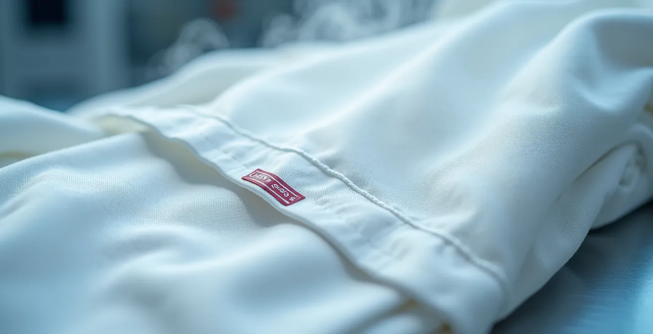Macro shot of sterile white food industry uniform fabric texture with quality control tag