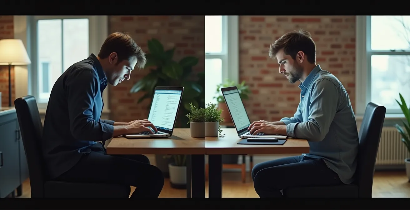 Split view showing incorrect laptop posture with a hunched back versus a proper ergonomic setup with an external monitor and upright posture.