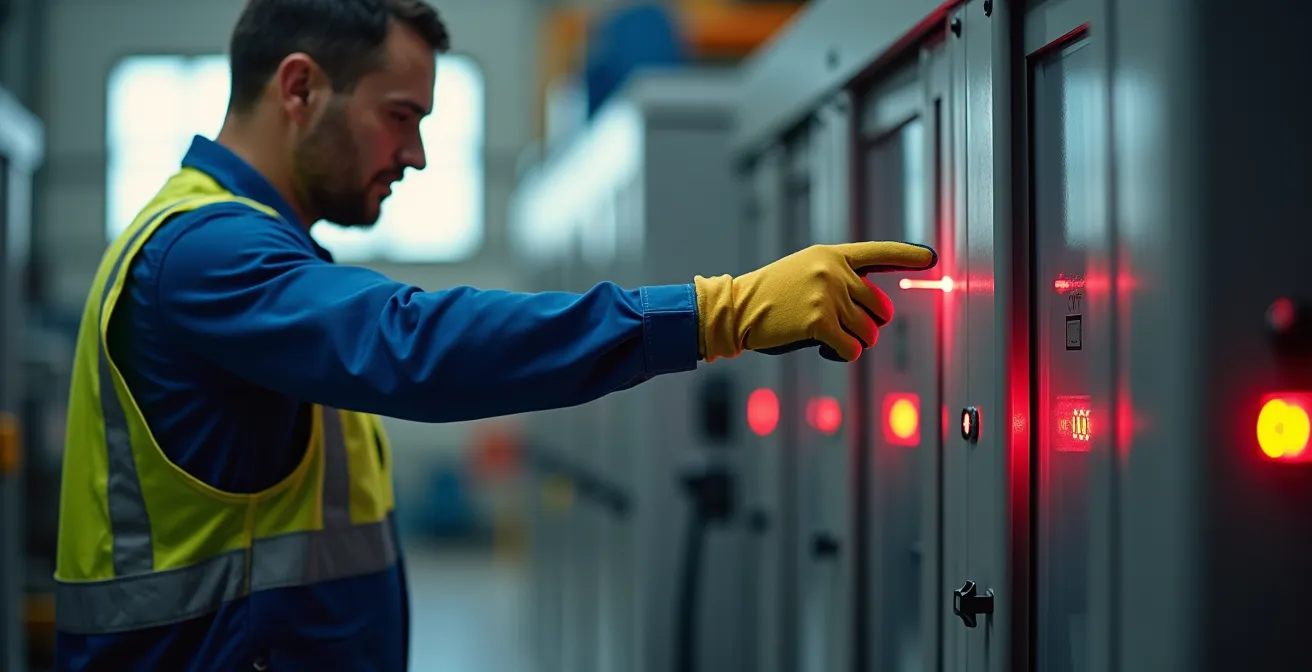 Worker's hand approaching light curtain safety barrier showing safe distance zone