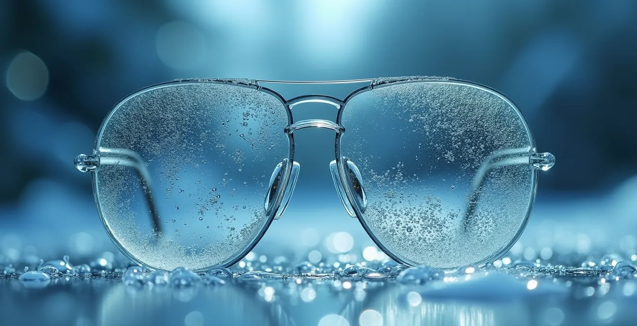 Extreme close-up showing water droplets behavior on different anti-fog lens coatings