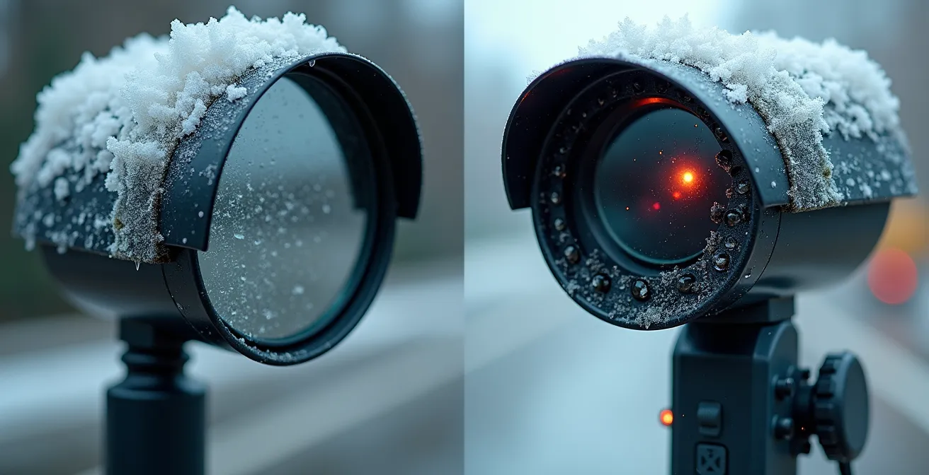 Extreme close-up of vehicle undercarriage inspection equipment with ice crystals