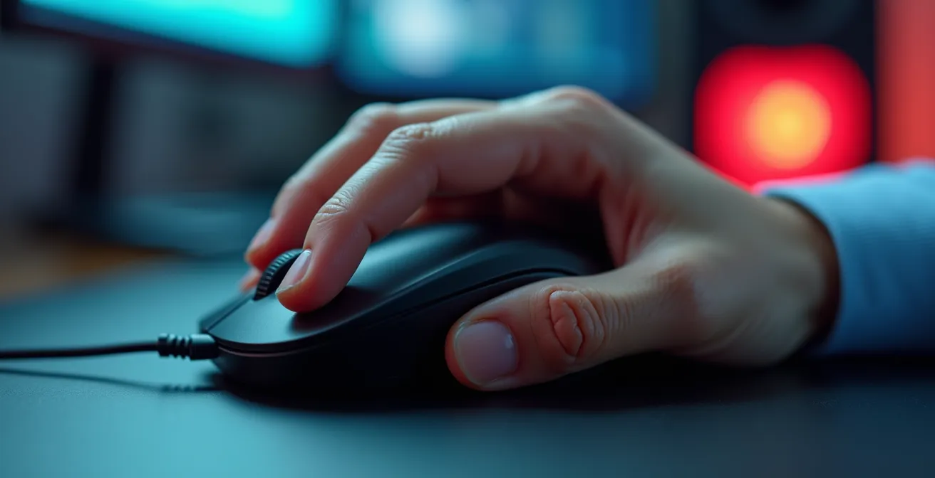 Extreme close-up of a hand using a computer mouse with a perfect neutral, straight wrist alignment to prevent strain.