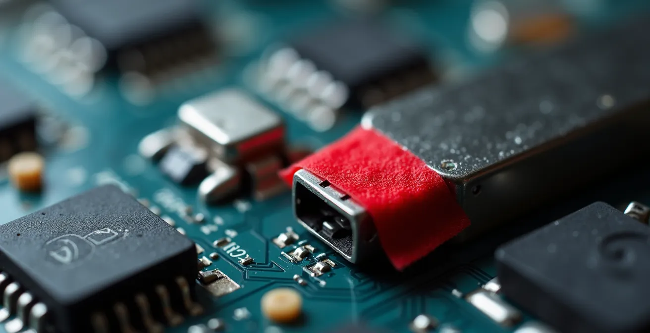 Extreme close-up of a security camera showing the microphone component physically disconnected with red tape