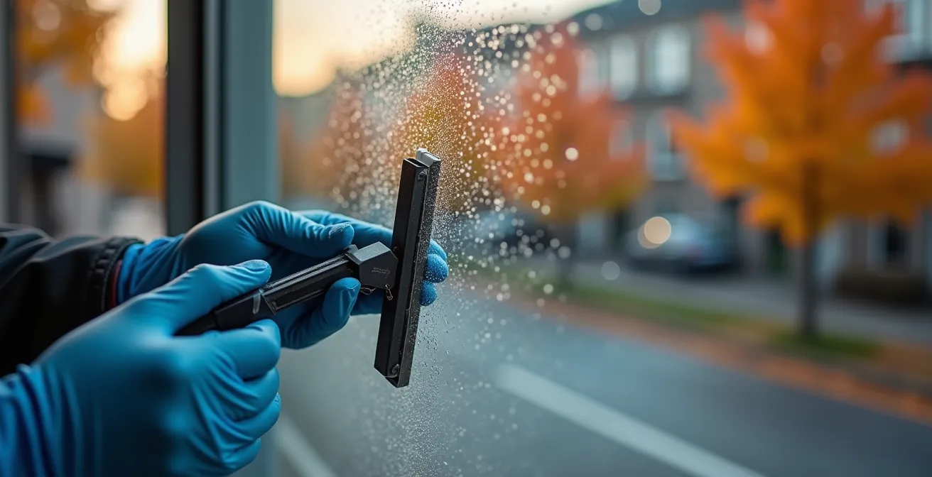 Professional installer applying security film to retail window in autumn