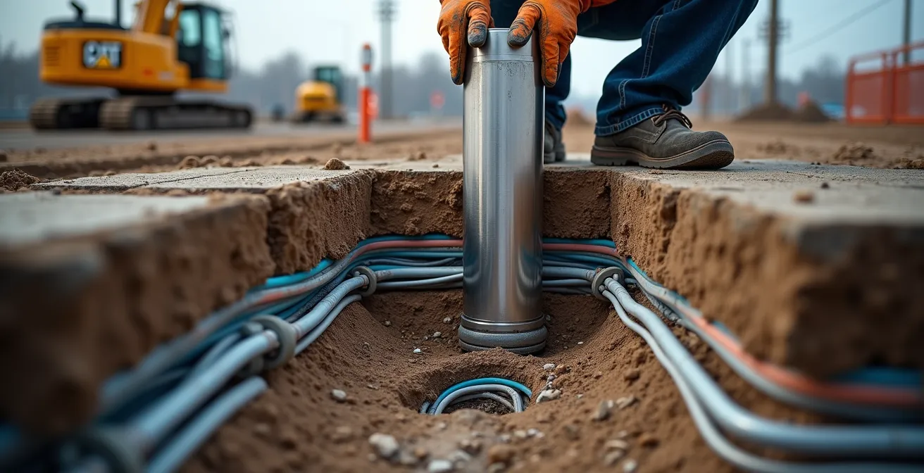 Cross-section view of bollard installation avoiding underground utility lines in Montreal urban setting