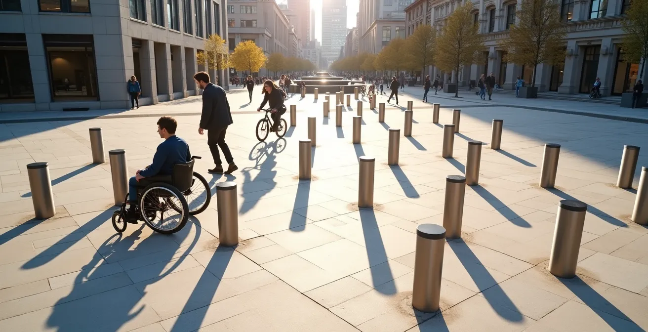 Overhead view showing optimal bollard spacing for wheelchair and pedestrian access in Montreal plaza