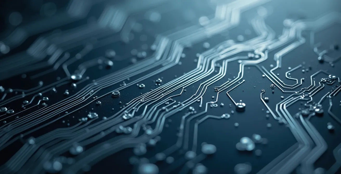 Close-up macro shot of interconnected data pathways and network patterns