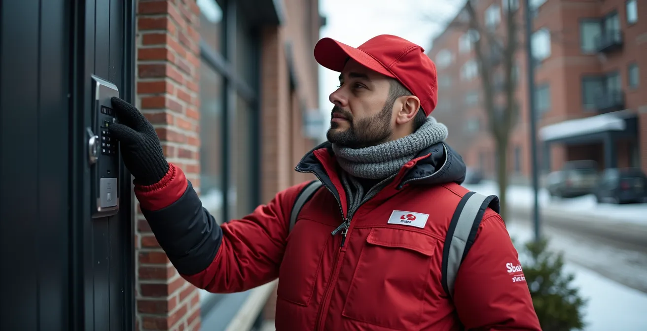 Delivery courier entering residential building using secure access panel