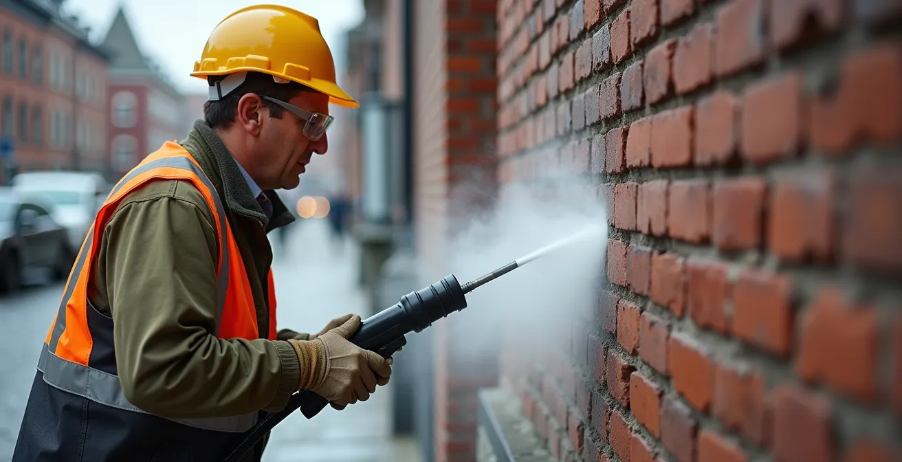 Montreal building maintenance worker removing graffiti with specialized equipment