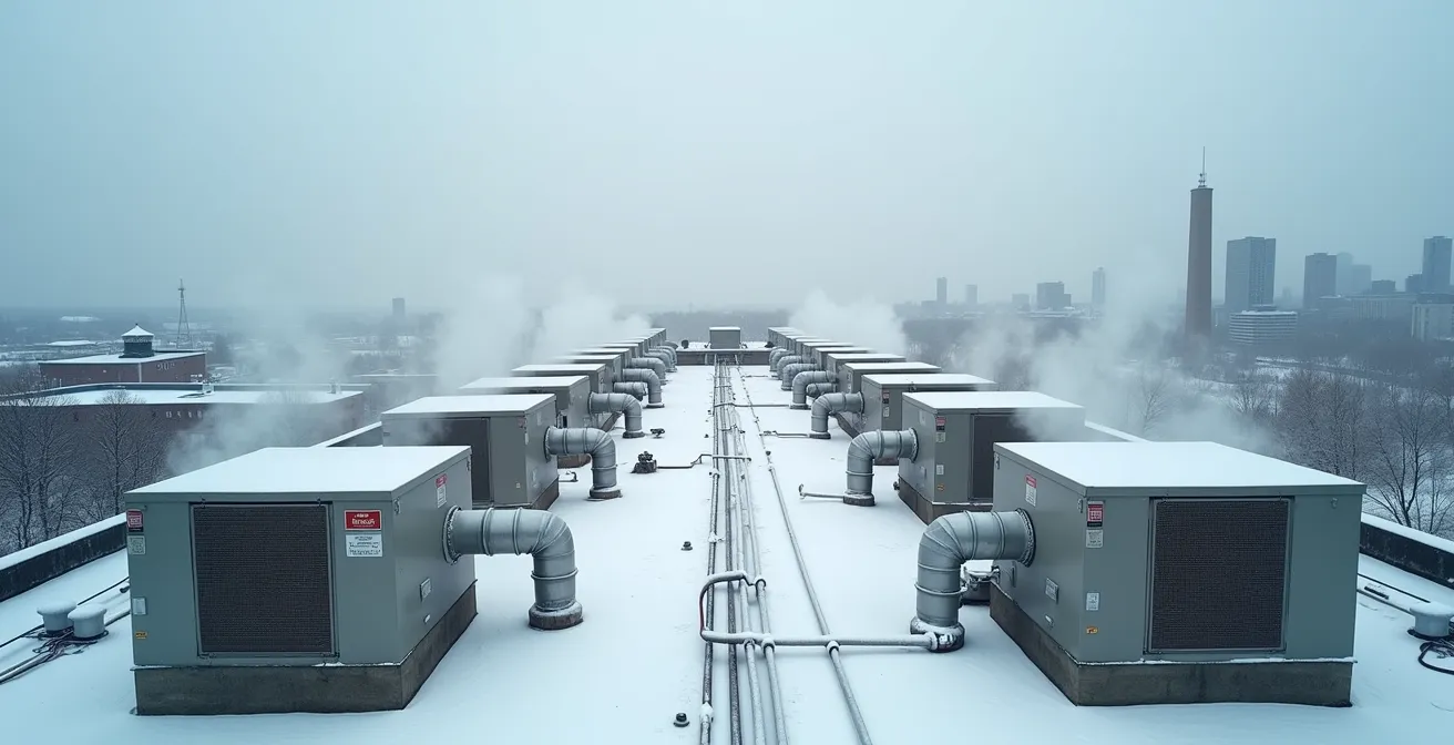 Wide aerial view of snow-covered industrial rooftop with HVAC units in Montreal winter setting