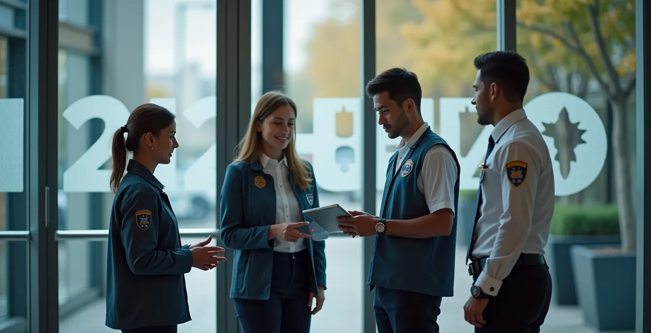 Service contractors entering Montreal office building through dedicated security entrance