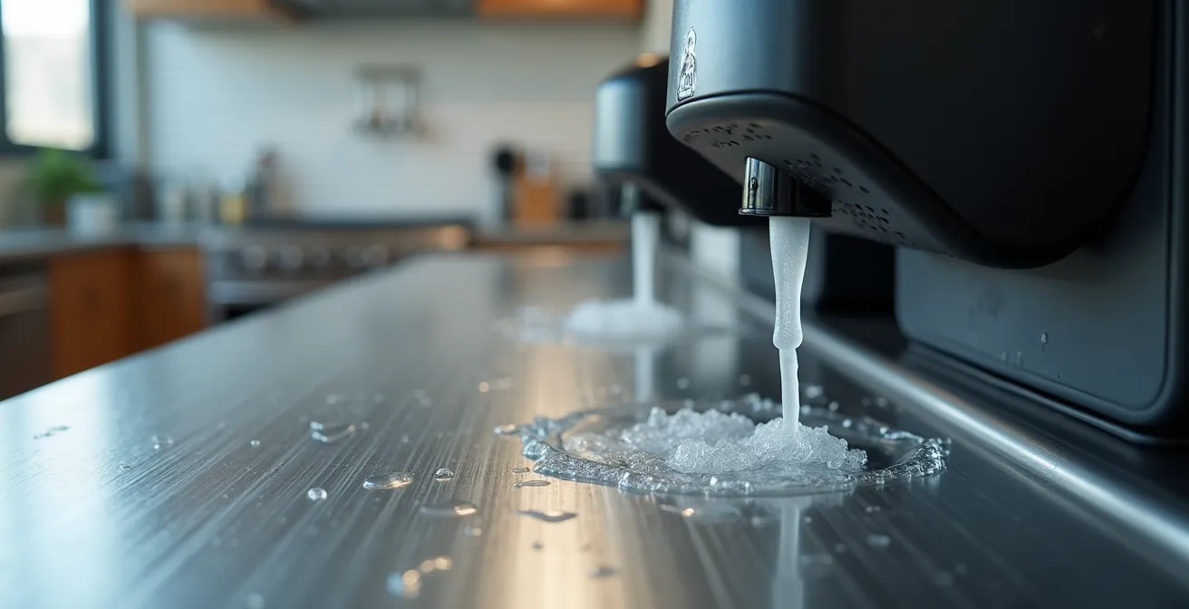 A modern office breakroom with dedicated sanitization stations located near the coffee machine and microwave.