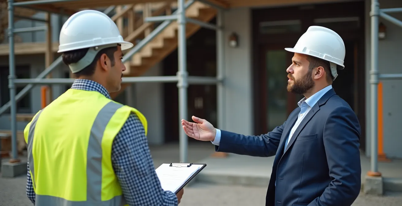 Property manager and city inspector reviewing renovation plans at construction site entrance