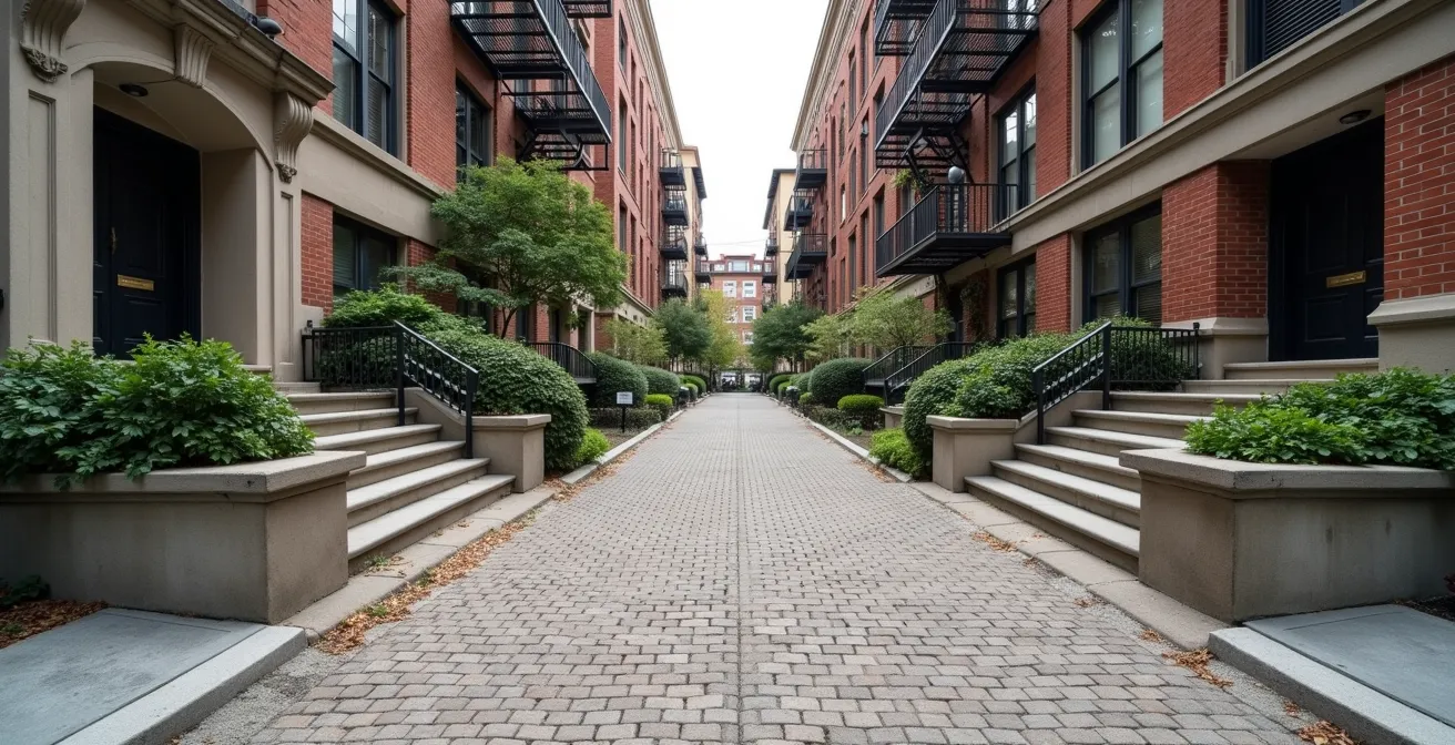 Montreal triplex buildings with subtle paving changes defining property boundaries