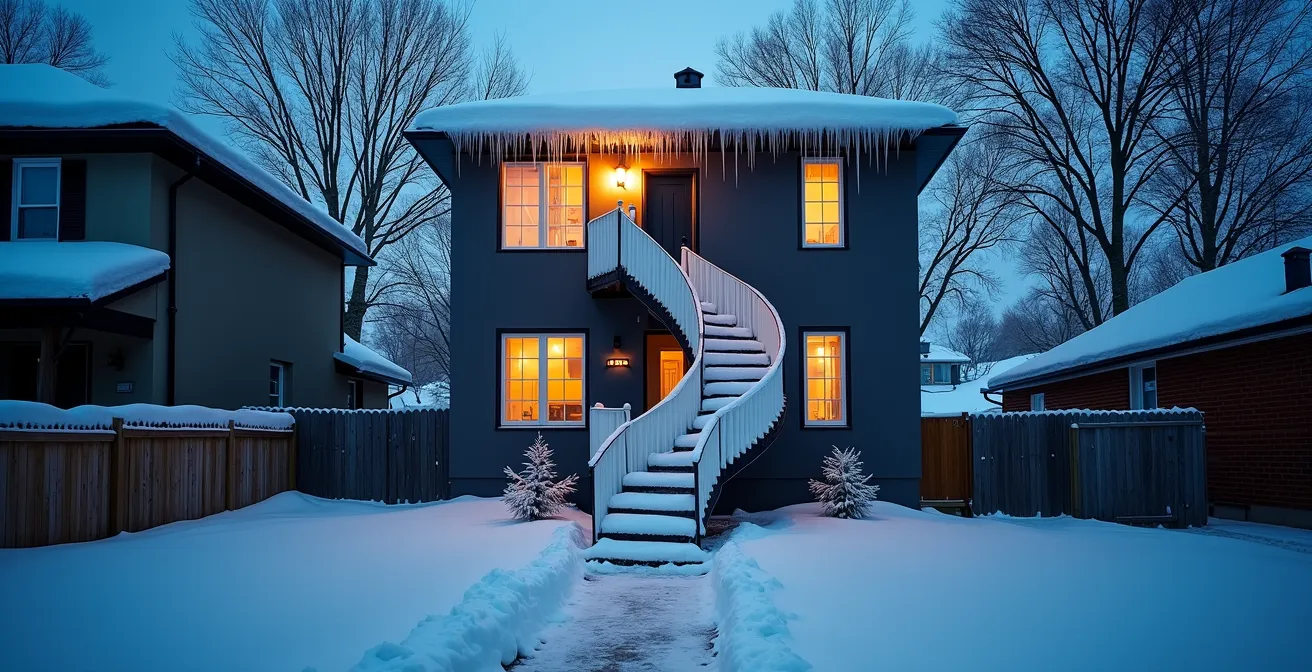 Wide environmental shot of a Montreal duplex in winter with security features visible