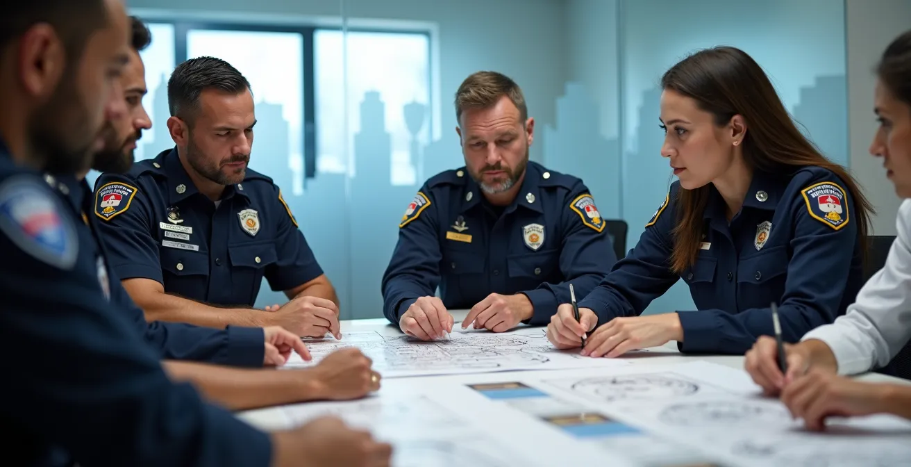Collaborative meeting room with emergency service representatives from Montreal planning an integrated response strategy.