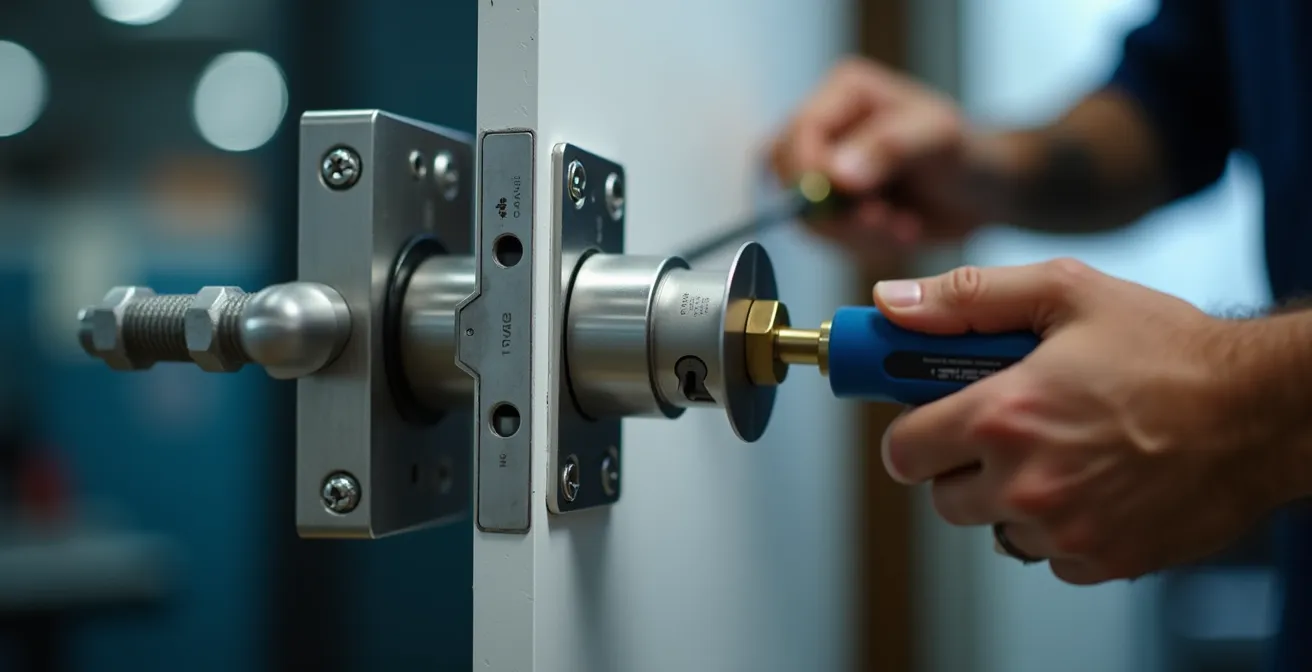 Macro shot of multi-point locking mechanism being installed on commercial steel door