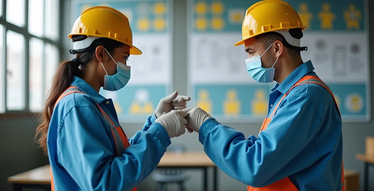 Workers of diverse backgrounds following visual safety pictogram instructions for hygiene equipment