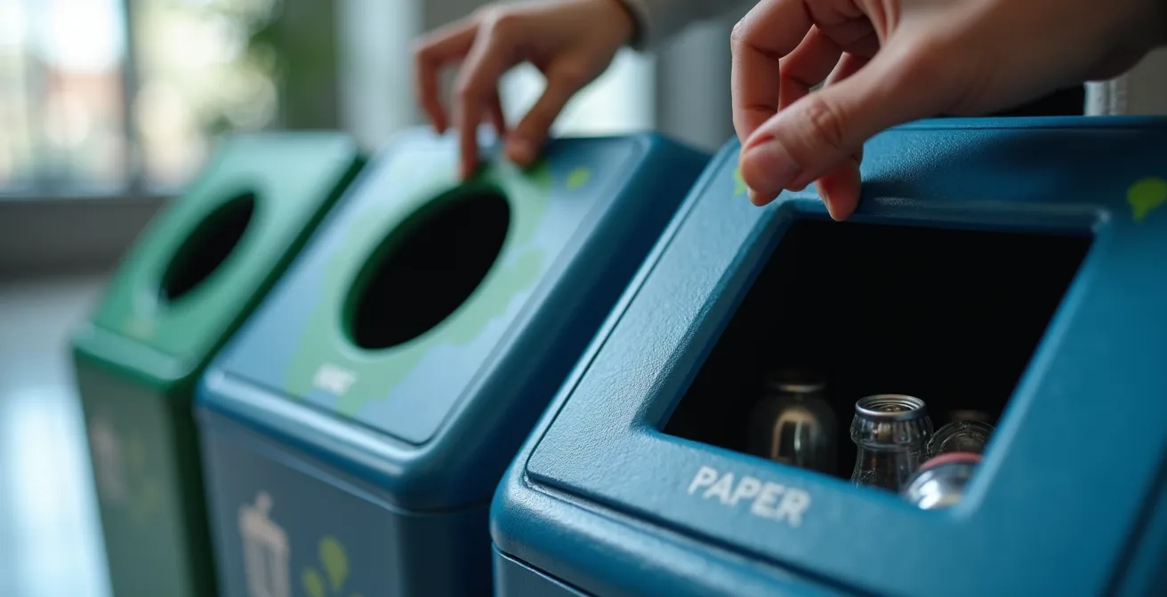 Close-up of modern recycling bins with clear visual guides