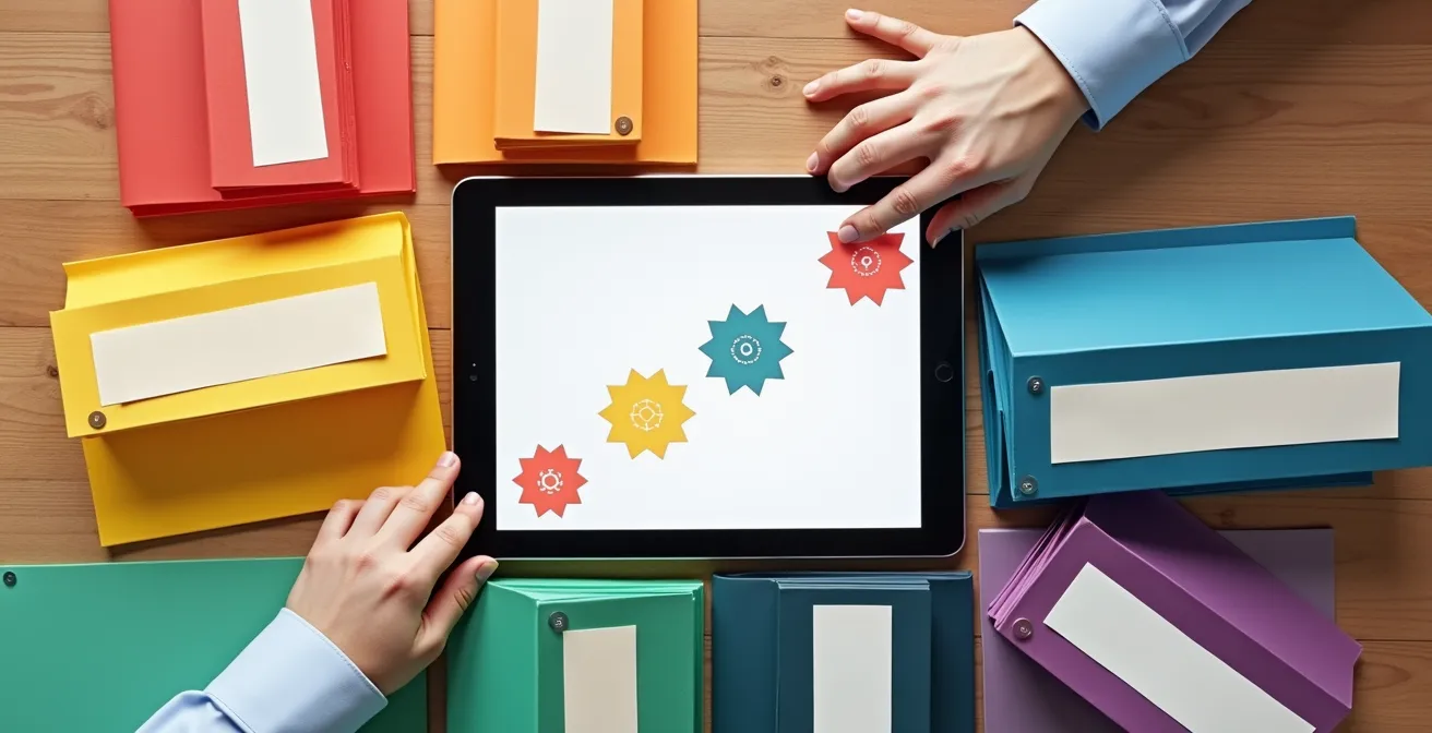 Modern office workspace showing organized digital filing system for safety compliance documents