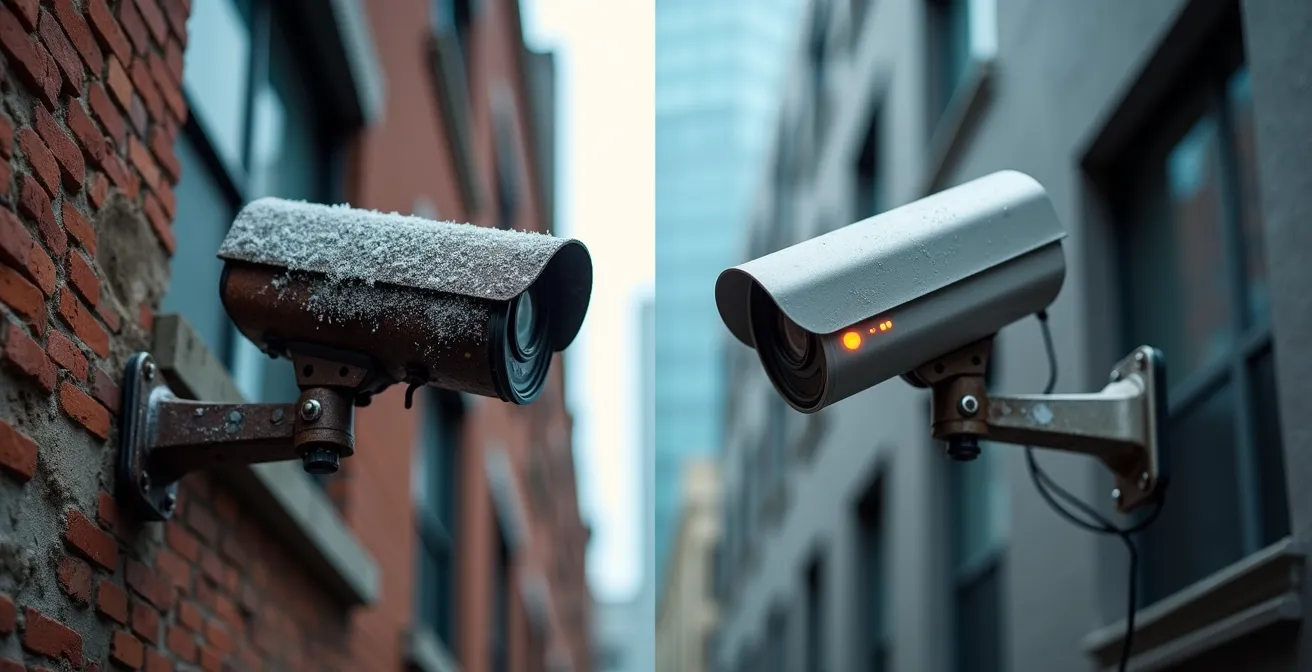 Split composition showing old analog camera versus modern AI-enabled security camera in Montreal urban setting