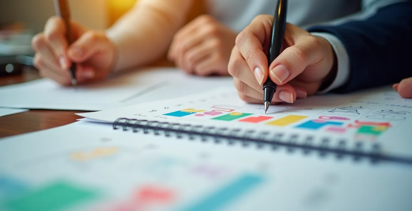 Close-up of hands reviewing safety documentation with calendar and improvement markers, showing the detailed nature of program review.